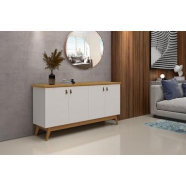 Imagem de Buffet/Aparador/Balcão/Balcão ABS 4 Portas Modelo Retrô Com Puxadores em Couro e Prateleiras Internas Cor Off White/Nature