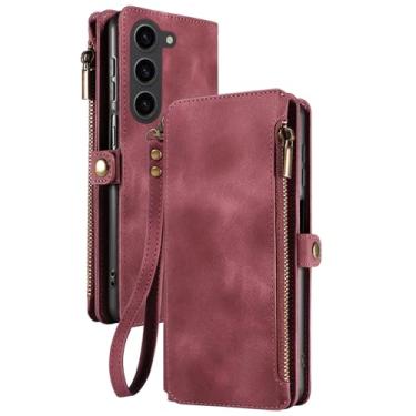 Imagem de PuRoxx Capa flip para Samsung Galaxy S23 Ultra/S23 Plus/S23, couro retrô com alça de zíper, carteira com bloqueio de RFID, porta-cartões, vermelho, S23 de 6,1 polegadas