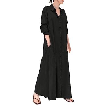 Imagem de Vestido feminino casual de botão e linho de algodão com bolsos, vestido de verão casual longo, Preto, M
