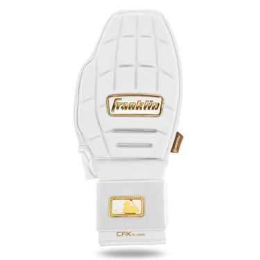Imagem de Franklin Sports Luva deslizante de beisebol + softbol MLB – Luva de proteção para adultos CFX PRT – Luva de mão esquerda + direita – Protetor de pulso para corrida – Branco + Ouro – Tamanho único