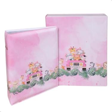 Imagem de Pirlim Foto, Estojo Imantado com Álbum para 100 Fotos 15x21 SAFARI ROSA Bebê Animais Infantil Newborn