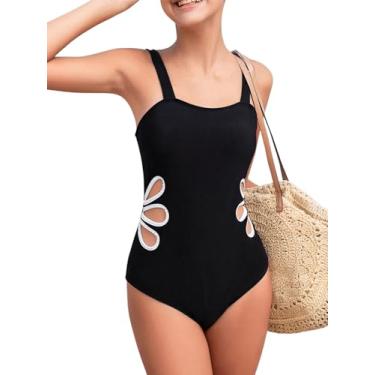 Imagem de BEAUDRM Maiô feminino sem mangas com recorte sólido Y2K trajes de banho roupa de banho roupa de banho roupa de praia, Preto, 16 Years