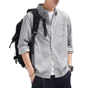 Imagem de Camisa masculina de veludo cotelê primavera e outono manga longa solta casual masculina simples, Cinza claro Sy184, P