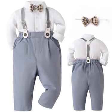 Imagem de Conjuntos de roupas para bebês, camisa social infantil com suspensório de gravata borboleta, roupas de casamento para cavalheiros, Cinza-#248, 18-24 Meses