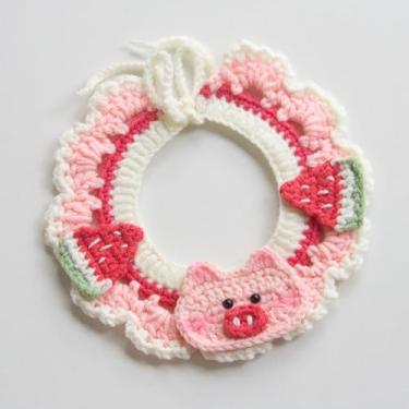 Imagem de Cachecol de crochê feito à mão para gatos e cães, gola de pele de pully, babador decorativo (porco melancia, médio (médio))