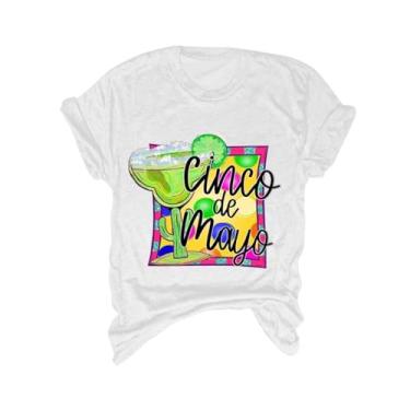 Imagem de Camiseta feminina Summer De Mayo gola redonda manga curta festival mexicano roupas de férias, Branco - C, M