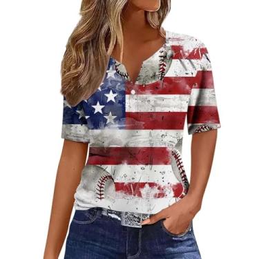 Imagem de Camiseta feminina 4th of July manga curta gola V abotoada bandeira americana patriótica túnica estrela listrada blusa gráfica, Bege, 3G