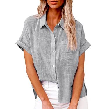 Imagem de Camiseta de linho feminina de cor sólida, manga curta, gola V, abotoada, caimento solto, confortável, Cinza, G