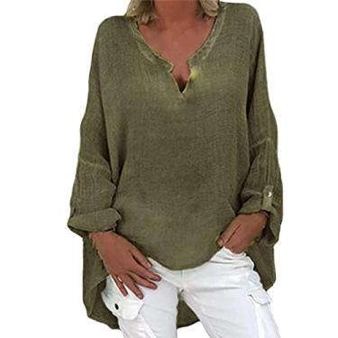 Imagem de 2024 Camisetas femininas de linho de algodão extragrandes com gola em V, blusas lisas para férias confortáveis, camisas soltas de manga comprida, Verde, 4G