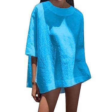 Imagem de Camisetas femininas plus size de linho patchwork manga 3/4 comprimento cor sólida gola redonda camisetas modernas de ajuste solto, Azul, GG