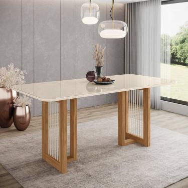 Imagem de Mesa de Jantar com Tampo Mdf e Vidro com Canto Arredondado 180 Cm Yara Marrom/Off White