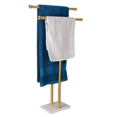 Imagem de WAYDELI Toalheiro de pé duplo em forma de T alto suporte de toalha de banho com base de design de mármore para banheiro, suporte de toalha de 2 camadas, suporte de aço inoxidável (ouro escovado)