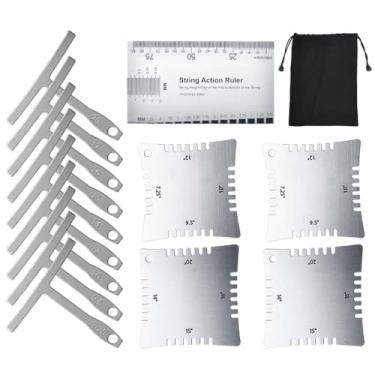 Imagem de TIMESETL Conjunto de ferramentas Luthier de guitarra 14 peças, incluindo medidor de raio de guitarra sob corda, medidores de raio entalhados para guitarra e baixo
