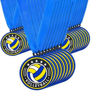 Imagem de Loetere 24 medalhas de prêmio de bola esportiva em massa 5 cm troféus de bola de borracha com fitas para presente de participação de vencedor ou equipe (vôlei)