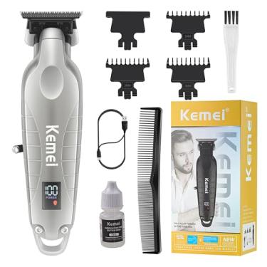 Imagem de KEMEI Aparador de cabelo/barba profissional 2293 para barbeiro com lâmina T, recarregável sem fio, prateado