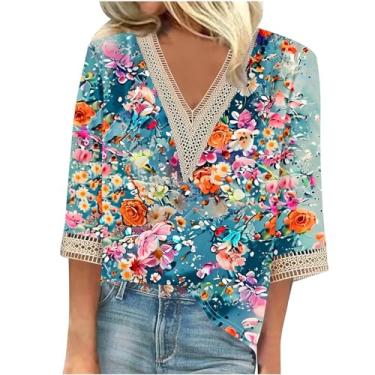 Imagem de Generic Camisetas femininas de tamanho grande com patchwork de renda manga 3/4 de comprimento e gola V estampa floral pulôver, 12 cores, G