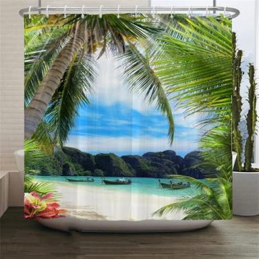 Imagem de Cortinas de chuveiro com cenário de praia, mar, oceano, mediterrâneo, cortina de banheiro, tecido impermeável, decoração, 18, W300xH180cm
