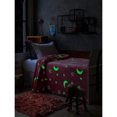Imagem de Manta Solteiro Brilha no Escuro Rosa Estrelas - JOLITEX