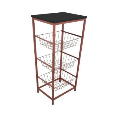 Imagem de Fruteira De Cozinha De Chão Montreal Em Aço E Mdf 3 Cestos Cobre e Pre