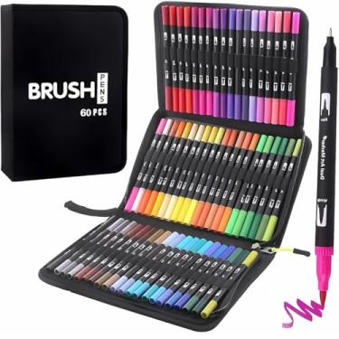 Imagem de Kit Canetinhas Coloridas 60 Cores com Pontas Duplas, Conjunto Caneta Brush para Livros de Colorir para Crianças e Adultos, Canetinha Brush para Desenho, Ponta Fina e Pincel (60 cores)
