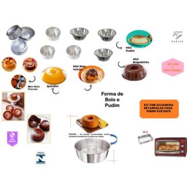 Imagem de Kit com 9 mini formas + 1 forma de bolo pudim + 1 assadeira para forno