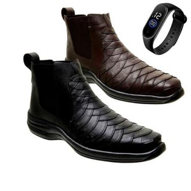 Imagem de Kit 2 Bota Coturno Casual em Couro Escamado Cano Baixo Ortopédica + Re