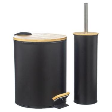 Imagem de Lixeira 5 Litros Bambu Com Pedal + Escova Sanitária Banheiro - PGB, Pr