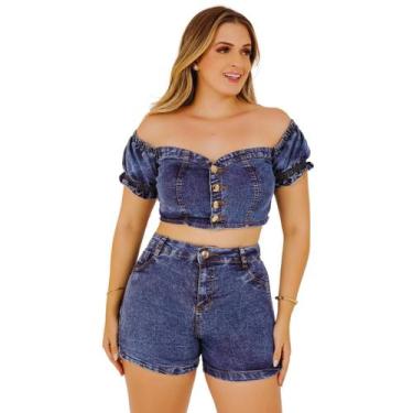 Imagem de Conjunto Jeans Feminino Marmorizado Lycra Cropped e Short Manga Ombro 