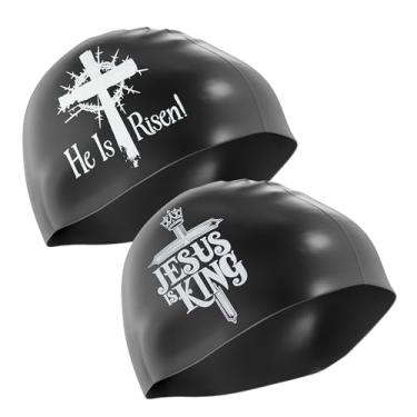 Imagem de Product Maxx Touca de natação religiosa baseada na fé - Jesus is King & He is Risen Religious Swim Cap para adultos e crianças - impermeável, durável, confortável - touca de natação (preto com design