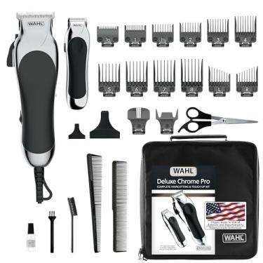 Imagem de Wahl Clipper USA Deluxe Corded Chrome Pro, kit completo de aparar cabelo e cabelo, inclui cortador com fio, aparador de bateria sem fio e tesouras de estilo, para um corte sempre - Modelo 79524-5201M