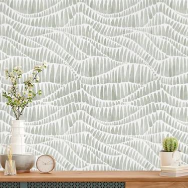 Imagem de WENMER Papel de parede listrado moderno verde 43 x 39 cm, papel de parede geométrico, moderno, boêmio, removível, papel de parede verde e branco, para quarto, banheiro, cozinha, à prova d'água