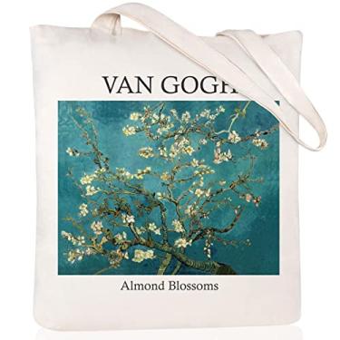 Imagem de Andeiltech Sacola de lona Estética Bonito Vintage Tote Bags Livro Bolsa de Ombro Presentes Reutilizáveis Bolsas de Mercearia para Mulheres, Van Gogh_flores de amêndoa, Large