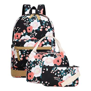 Imagem de Mochila escolar para adolescentes meninas bolsas escolares leves crianças meninas livros escolares conjuntos de mochilas, 01 Black/ Floral, Large