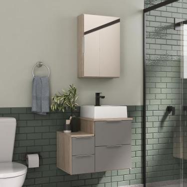 Imagem de Conjunto Gabinete Banheiro Nivus 60cm  - MOVEIS JOIA, Madeirado / Cinz