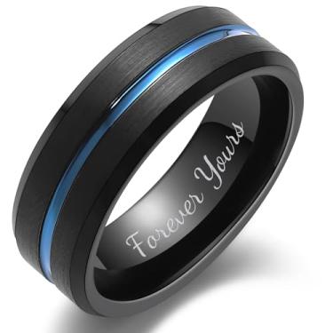 Imagem de LerchPhi Aliança de casamento masculina preta de 6 mm, 8 mm, borda chanfrada, com borda chanfrada, com gravação personalizada para homens, anéis de compromisso para ele e ela, Metal, Sem pedra
