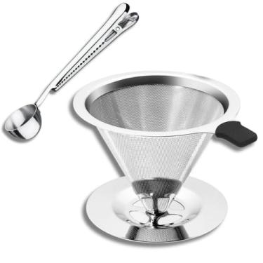 Imagem de Kit Filtro de Café em Inox Coador Malha Ultrafina Reutilizável Tamanho 102 + Colher Medidora em Inox Para Café Com Prendedor
