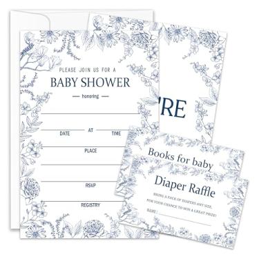 Imagem de Convites para chá de bebê, convites para chá de bebê, convites florais para chá de bebê, bilhetes de sorteio de fraldas e cartão de solicitação de livro, conjunto de 25 com envelopes, suprimentos para