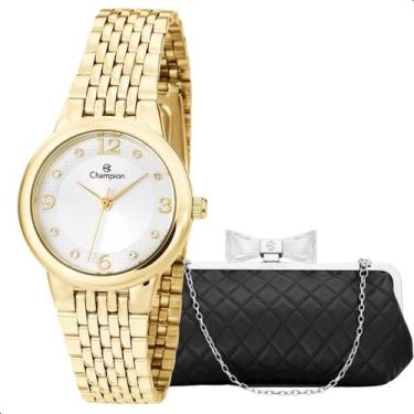 Imagem de Relogio champion feminino pequeno dourado ch24857b + bolsa