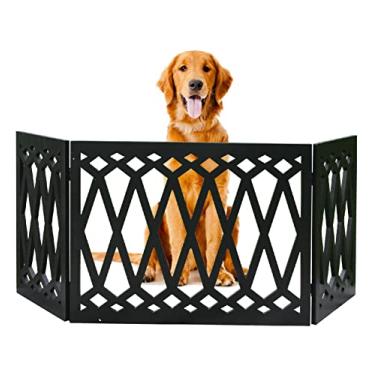 Imagem de Etna – Portão decorativo para animais de estimação de madeira com design de diamante de 3 painéis – Cerca de cachorro dobrável preta decorativa para portas, escadas – Barreira para animais de estimação interno/externo – 60,96 – 121,92 cm de largura x 48,26 cm de altura