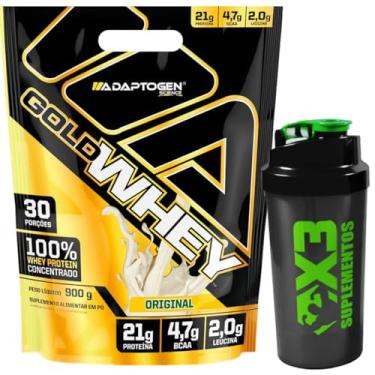 Imagem de Kit Gold Whey Sabor Original 900g - Adaptogen Science + Coqueteleira 600g - X3 Suplementos