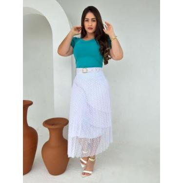 Imagem de Saia Rodada Midi Soltinha com Babado Camadas em Tule - Fashion, Branco