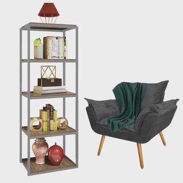 Imagem de Kit Poltrona Fatte com Manta Soft Verde e Estante Livreiro Ferro Prata mdf Rústico Sued...