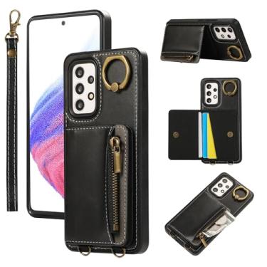 Imagem de Capa para Samsung GalaxyA15 com suporte para cartão com zíper, 4 compartimentos e suporte – Capa de telefone com textura de bezerro, alça de pulso e anel de metal, capa de telefone à prova de choque