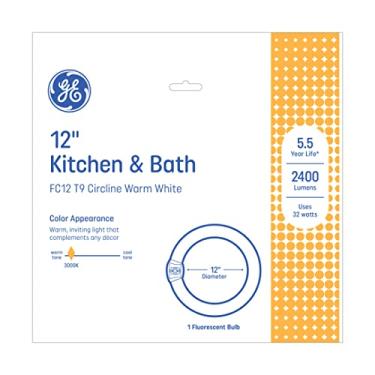 Imagem de Lâmpada fluorescente T9 GE Kitchen & Bath Circline, lâmpada circular 32W, 2400 Lumen, 30 cm de diâmetro, branco quente, pacote com 6, FC12T9 Lâmpada de teto para cozinha