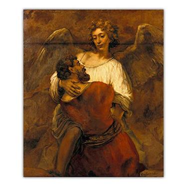 Imagem de Rembrandt.Jacob Wrestling with the Angel.Reprodução famosa de arte de parede em tela. Pôster de arte em tela para decoração de parede - 70 x 85 cm sem moldura