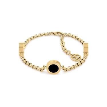 Imagem de Tommy Hilfiger Joias femininas de aço iônico banhado a ouro, pulseira de corrente de pedra ônix preto, cor: banhado a ouro (modelo: 2780659), Medium, Aço inoxidável, Ónix