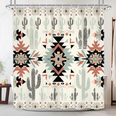 Imagem de Newsely Cortina de chuveiro de cacto asteca ocidental 182 cm L x 214 cm A cortina de chuveiro geométrica tribal do sudoeste conjunto de cortina de chuveiro étnica nativa americana à prova d'água