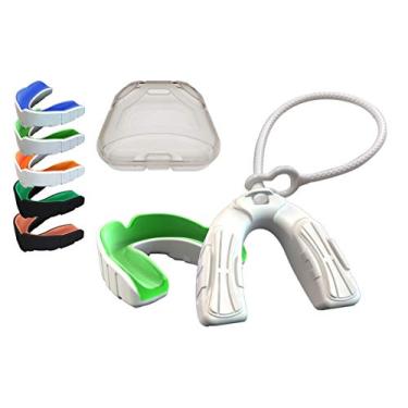Imagem de Coollo Sports Boil and Bite Mouth Guard with Tether DBT Custom Fit Sport Mouthpiece for Football, Hockey, Rugby, Lacrosse (Free Storage Case+ Strap) – Tamanho adulto, Emerald Green & White, Adult -Ages 11 & Above