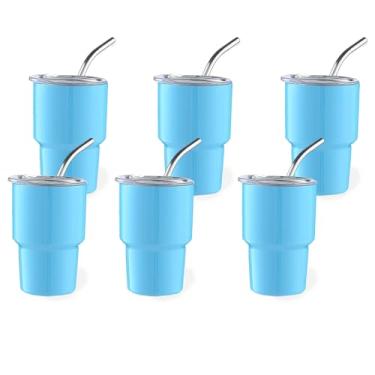 Imagem de linsuo Conjunto de mini copos de shot de 85 g, com canudo e tampa de sublimação dupla de aço inoxidável, mini canecas de café isoladas para bares, uísque, chá (6 peças - azul)