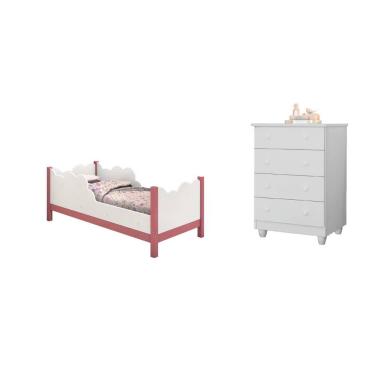 Imagem de Cama Infantil Juvenil Nuvem Branco/rosa com Comoda Lara Branco